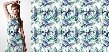 02016 Materiał ze wzorem niebieskie i zielone elementy roślinne oraz kwiatowe w stylu akwareli